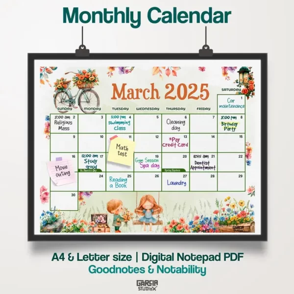 March 2025 Calendar: Bicycle with Spring Flowers 🌸